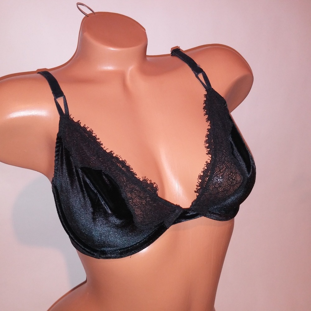 Victoria Secret Bra 34DD Unlined Demi Black Solid Velvet Lace Trim Underwire